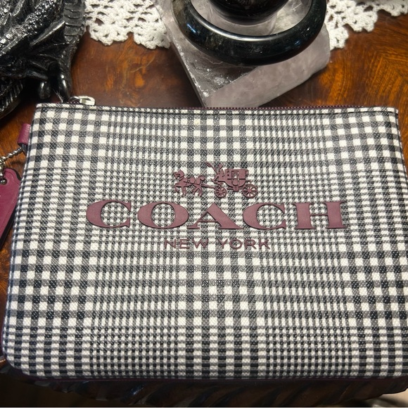 Coach Handbags - Coach Black White Burgundy Red Plaid Pouch Wristlet